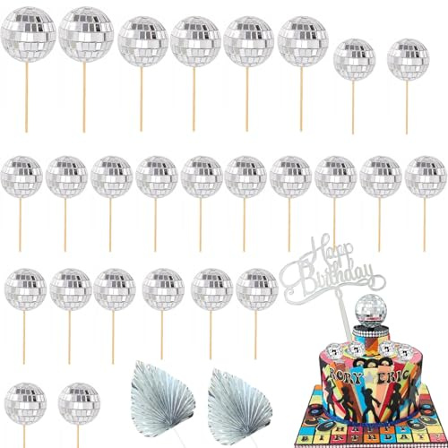 29Pcs Disco Ball Cake Decorations, 1970s Disco Ball Cake Topper Set, Mini Disco Balls for Cake, Perfect Picks for Birthday, Baby Shower, 70s Party Supplies and Wedding Cakes