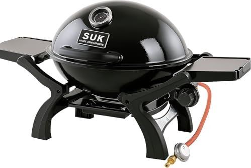SOUK ONE Manhattan - Barbecue a gas da tavolo mobile (nero) con griglia in ghisa (ovale 48 x 36 cm), potenza 3,5 kW, ripiani pieghevoli e termometro, barbecue per balcone, campeggio e attività