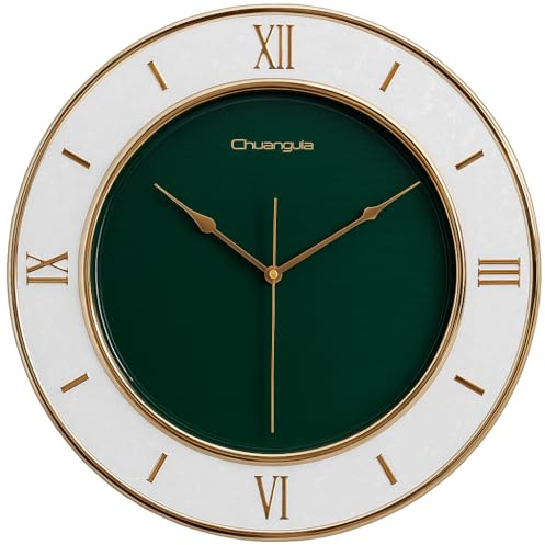JRose Collections 40 cm Luxus-Wanduhr – leises Quarz-Uhrwerk – römische Ziffern – elegante goldene Details – moderne dekorative Uhr für Wohnzimmer, Büro, Küche JR5055 (grün)