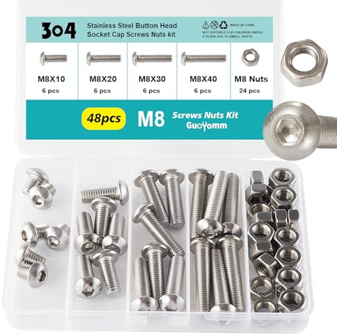 GuoYomm Set di viti M8, 48 pezzi di viti a esagono interno a testa bombata e set di dadi, set di bulloni meccanici in acciaio inox 304 completamente filettati in scatola combinata, lunghezze: 10 mm