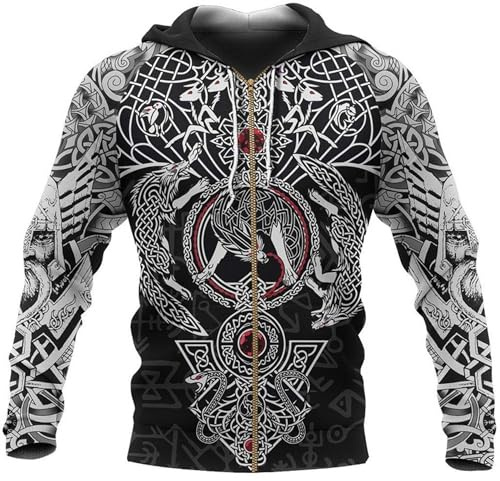 Wikinger Krieger Herren Jacke Sommer Nordische Mythologie Tattoo Reißverschluss Hoodie Lässig Langer ärmel Kaputzensweatjacke