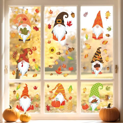 95 Stück Fensterbilder Herbst, 8 Blatt Thanksgiving Herbstdeko Fenster, Fensteraufkleber Herbst Selbstklebend, Herbstdeko Fenster Aufkleber doppelseitig, wiederverwendbar, für Kinderzimmer Cafe