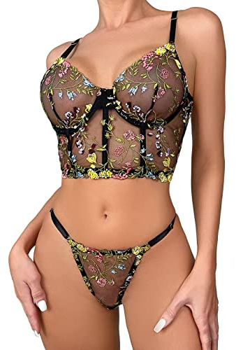 Lingerie Donna Sexy Aperto Sottoveste Donna Sexy Biancheria Intima da in Pizzo con Ricamo Floreale Reggiseno in Maglia Tinta Unita Vedere Hot Lingerie Completo Rosso Black L