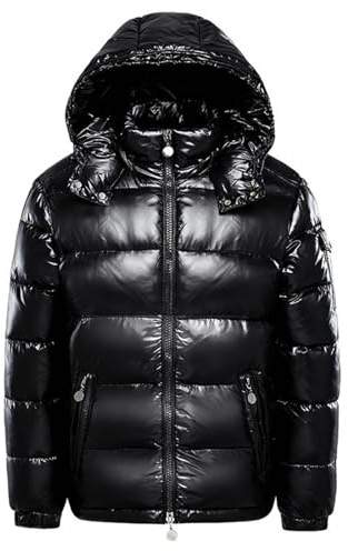 Generisch Piumini pesanti da uomo Giacca invernale calda Piumino lucido Giacca a vento con cappuccio Cerniera Giacca idrorepellente antivento Caldi cappotti invernali tinta unita, R nero., L