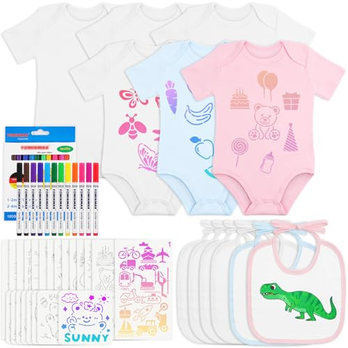 Aolso Triangulära haklappar, 8 st vit bomullsfärghaklapp för bebis, med 8 färgade textilpennor och 8 målarschabloner, present till babyshower party gör-det-själv idealisk, 6-9 månader, Bébé (6-9 mois)