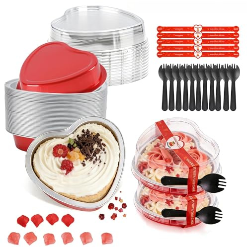 NPLUX Valentines Gifts Heart Shaped Cake Pans with Lids 9oz,Disposable Aluminum Mini Cake Pans for Baking, Valentine's Day Dessert Cups, To Go Containers for Parties, Weddings, Birthdays, Home Bakery