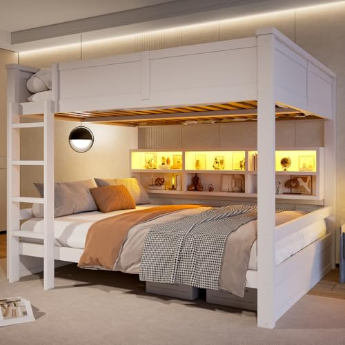 Luonians Letto a castello 160 x 200 cm, alto in legno massello, con vano portaoggetti e illuminazione a LED sopra la parte inferiore. Letto matrimoniale matrimoniale matrimoniale 160 x 200 cm, bianco