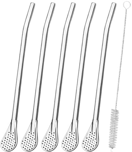 Mistillion 5Pcs 304 Stainless Steel Straw Spoons, 2-in-1 Drinking Straw with Filter Spoon, Reusable with Cleaning Brush for Yerba Mate Tea Coffee Smoothies