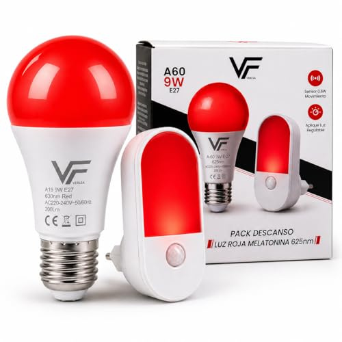 VERLSA Pack 2 Luz Roja Nocturna Melatonina 625nm, Bombilla E27 + Sensor