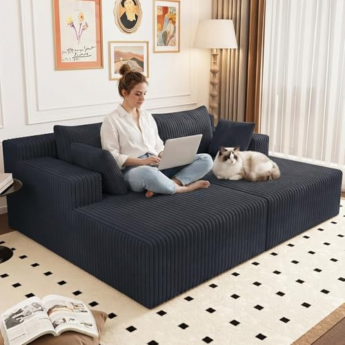 70.8 Oversized Boneless Double Chaise Lounge Chair Indoor, Upholstered Corduroy Cloud Chaise Lounges with 4 Pillow, Modern Deep Seat Loveseat Sleeper Sofa for Living Room Bedroom Apartment, Dark Gray