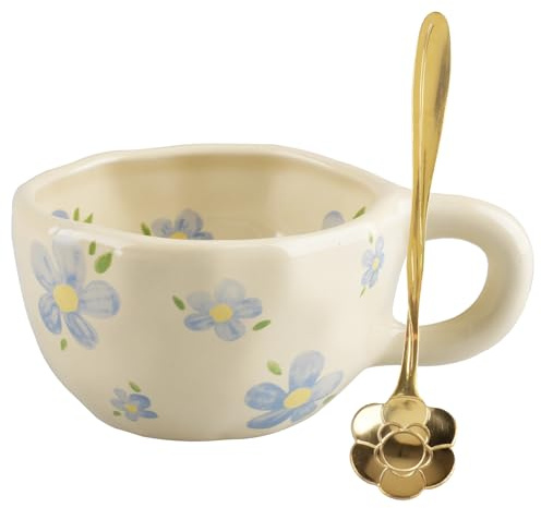 inodiref Keramik Teetasse mit Löffel 250ml Kaffeetasse Süße Tassen | mit Handgemalten Blumen, Geschenk für Frauen Keramik Tassen Kreative Blume Teatasse für Cappuccino Milch (Blau)