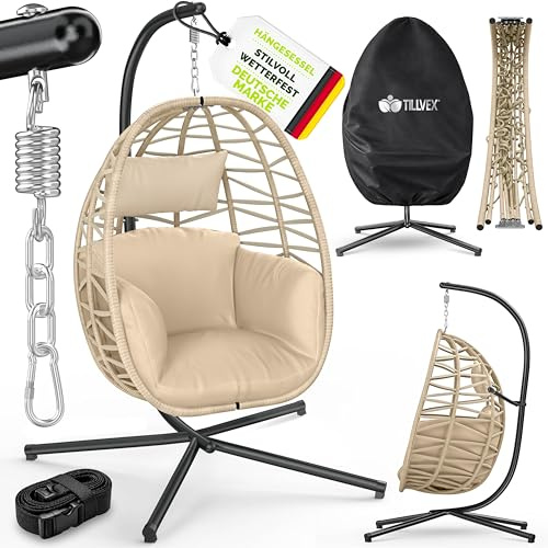 tillvex® Hängesessel mit Gestell Outdoor Indoor mit wetterfester Abdeckung | Hängekorb klappbar bis 150 kg mit Befestigung | Hängesitz aus Rattan mit Polster | Hängestuhl Garten Balkon Terrasse