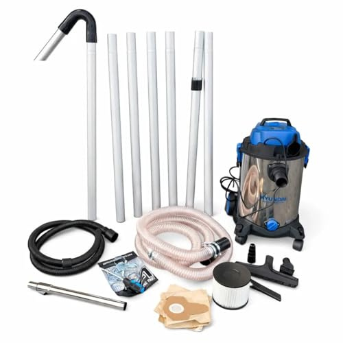 Gutter Cleaning System 30L Industrial Wet & Dry Vacuum Cleaner with Black 25ft (7.5m) Long Reach Gutter Pole Kit 1400W Triple Motor