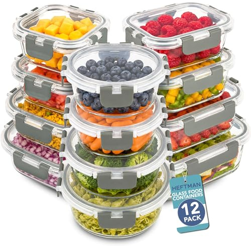 HEFTMAN Glass Food Containers with Lids - 12 Pack, 330ml to 1L Sizes | Meal Prep Containers, Airtight Food Storage Container for Leftovers, Lunch, Fruit/Veg Storage, Microwave & Freezer Safe