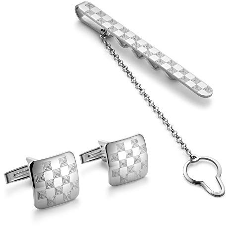 STERLL Herren Manschettenknöpfe Und Krawattenspange Aus Sterlingsilber Mit Zartem Schachbrettmuster