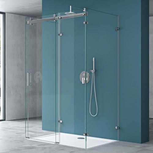 Mai & Mai U-Form Duschkabine 100x100x100cm Rahmenlos [inklusive Duschwanne] Höhe:195cm 8mm Schiebetür Duschabtrennung ESG Nano Klarglas 4-Punkt Halterung Duschwand Rav17-2UK
