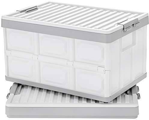 JUJIAJIA Collapsible Storage Bins with Lids 30L, Folding Plastic Stackable Utility Crates 2-Pack, Durable Containers for Home & Garage Organization - Oyster White