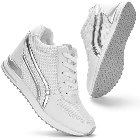 KOWAYI Damen Sneakers Wedges mit Keilabsatz 7cm Leichte Plateau Sneaker Walking Schuhe Atmungsaktiv Damen Turnschuhe Freizeitschuhe Bequeme Sportschuhe mit Keilabsatz Weiß 40