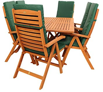 Rattanland | Gartenmöbel Set aus Eukalyptusholz “Bradford” 160 mit 6 Calgary Chairs (FSC-zertifiziertes Holz) (Grüne Kissen)