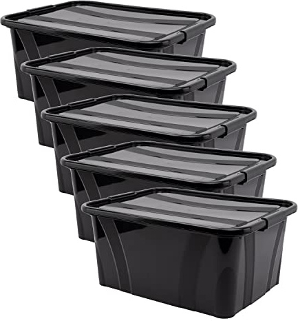 goodsforbusiness Aufbewahrungsbox mit Deckel 5er Set 51x38,5x23cm, 32L | Transportbox Lagerbox Lebensmittelbox Kunststoffbehälter Wäschebox, schwarz, lebensmittelgeeignet, stapelbar