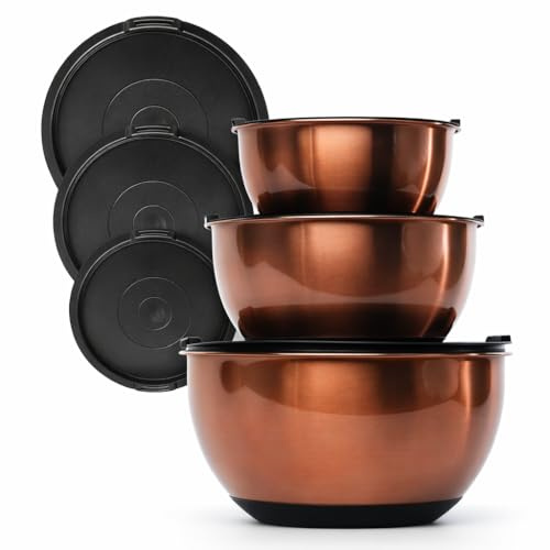 Samma Kupfer-Rührschüssel-Set mit Deckel, innen Edelstahl, rutschfester schwarzer Silikonboden, stapelbare Rührschüsseln zum Backen, Kochen und Vorbereiten von Mahlzeiten (3-teiliges Set)
