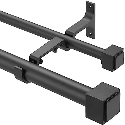 Double Curtain Rods with Square Heavy Duty Aluminum Alloy Finials - 36 to 72' Telescoping Rods, 1 Inch Front and 5/8 Inch Back - Matte Black