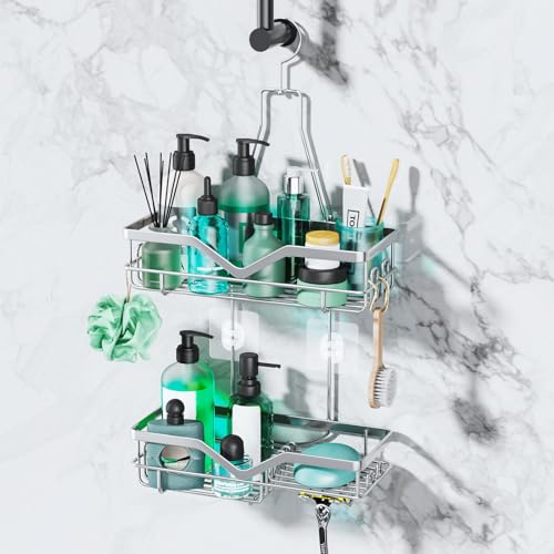 SWTYMIKI Duschregal zum Hängen Duschablage Hängend - 2Tier Edelstahl Duschablage zum Hängen, keine Bohrinstallation, Dusch Organizer Hängend mit Rasierer & Seifenhalter für Badebälle, Bürsten, Shampoo