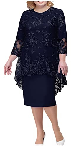 Kleid Damen Elegant Boho Kleid Weiß Kleid RüCkenfrei Zweiteiler Frauen ÜBergrößE Blumendruck Spitze Patchwork 2 Teiler Rundhals 3/4 ÄRmel Midikleid Elegant Ballkleid Lang (Navy, 6XL)