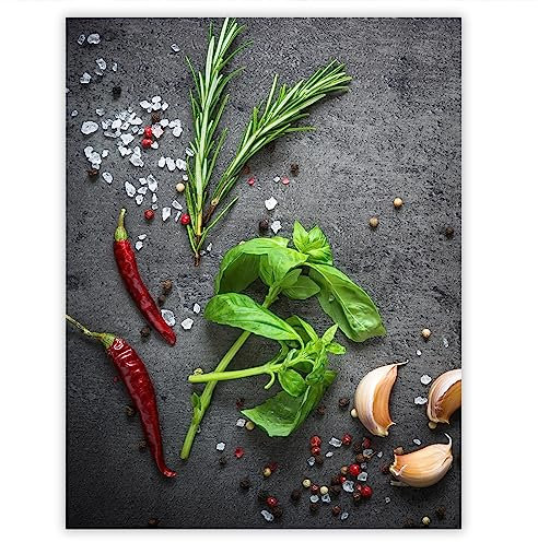 SMTDeco Herdabdeckplatte 40×52 cm – ESG gehärtetes Glas, kratzfest & rutschfest – Spritzschutz & Schneidebrett – für Induktion/Ceranfeld – 1-teilig, Motiv Kräuter Grau