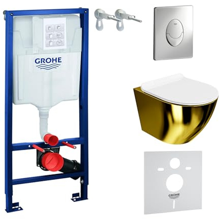 LAVITA Elemento de pared Solido Start + pared colgante inodoro Sofi Slim dorado/blanco sin borde + asiento de inodoro SoftClose | Botón cromado | Juego completo | cisterna empotrada | inodoro completo