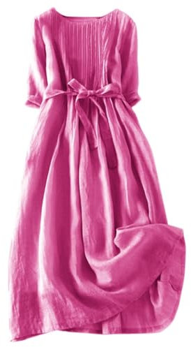 Nidddiv Kleid mit Glockenärmeln, einfarbig, Retro, plissiert, Schnürung, Freizeitkleid mit Taschen, rose, Medium