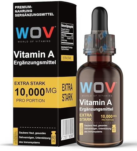 WOV Vitamin A Tropfen 10.000 IE pro Tagesdosis – 60ml (2000 Tropfen) - Vegan Retinol in MCT-Kokosöl, Hochdosiert, Zusatzstofffrei, Laborgeprüft - Für Haut, Immunsystem & Augen