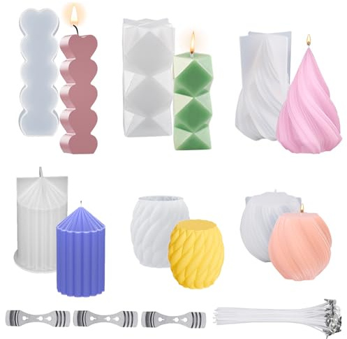 TZFJQO 6 Stück Kerzenform Silikon, Kerzenformen Zum Gießen Set, DIY Kerzen Formen Silikon, Verwendung für Das Gießen Von Herzförmigen, Zylindrischen, Rhombischen Kerzen Silikonformen