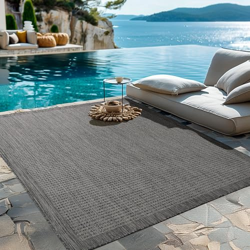 HomebyHome In- & Outdoor Teppich Wetterfest 140 x 200 cm Einfarbig Schwarz - Waschbar, Wasserfest, Pflegeleicht und Flachgewebe - Ideal für Balkon, Garten, Terrasse und als Küchenteppich