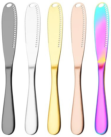 Pasdrucn 5 Pcs Butter Knife Spreader, Stainless Steel Butter Knife, Butter Knives with Serrated Edges and Scraping Suitable, Butter Spreader, Multi-Function Butter Curler, Butter Cutter (21cm)