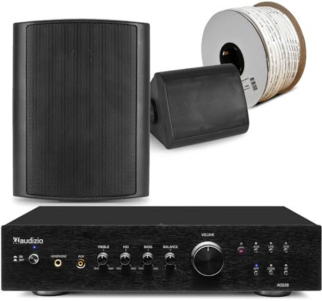 Audizio AD220B Outdoor Garden Speaker System with 2x BGO65 Black - Weatherproof Sound System, Wall-Mounted 6.5-inch Speakers for Patios, HiFi Stereo Amp with Bluetooth, Ideal for Garden Entertainment