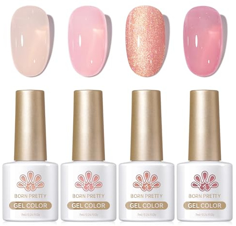 Born Pretty UV Nagellack Milky Jelly Milchig Nude Rosa - Gel Nagellack UV Natur Kristall Transparent UV Lack Soft Bean Serie Maniküre und Nagelkunst DIY zu Hause 4PCS