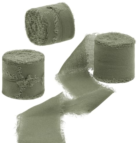 Uiopa 3 Rollen Chiffonband, Schleifenband Olivgrün 4cm x 15m Geschenkband Hochzeit, Fransenband Dekoband Stoffband für Geschenk, Basteln, Brautstrauß, Tisch-Deko, DIY Handwerk