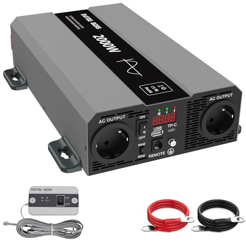 DATOUBOSS Inversor 24V 220V 2000W/4000W Onda Sinusoidal Pura, Inversor de Corriente 2000W con Enchufes de la UE, Salida USB, Pantalla LCD y Control Remoto. Ideal para Coches, Camiones y Camping
