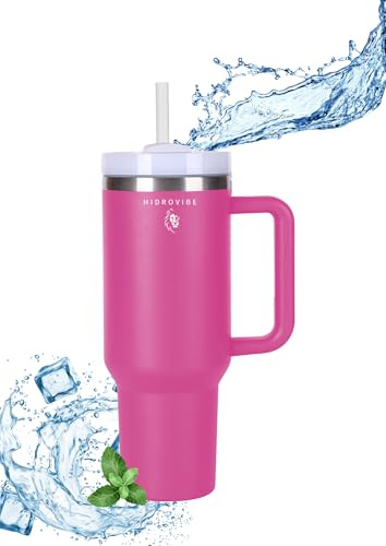 HIDROVIBE 1.2L Taza de Café Con Tapa Para Coche, Vaso Térmico Con Asa y Pajita, Aislada al Vacío, de Acero Inoxidable, Sin BPA, Mug Termo (Pink)