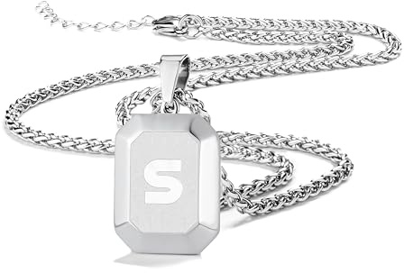Männer Herren Edelstahl Halskette Mit Alphabet Schmuck Geschenke | Silber Schwarz Gold Quadrat Hundemarke Initial Monogramm A-Z Kette für Jungen 20 + 2 Zoll Weizen Kette Unisex