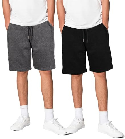 Keanu 2 Pack Mens Regular Fit Fleece Shorts with Zip Pockets, Elastic Waistband, and Drawstring – Size L - Charcoal/Black Pack
