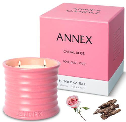 CANAL ROSE : Rose Knospen & Oud Duftkerzen - Annex Handgefertigte Kerzen Aus Keramik | Scented Candle Sojawachs, Duftwachs, Kerzenfresser & Massagekerze | Rosa duftkerze groß, 50 Stunden Brenndauer