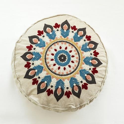 Zilimontt Housse de coussin ronde brodée à la main style ethnique pour canapé de salon, décoration d'intérieur bohème unique, coton et lin, 45 cm de diamètre (3)