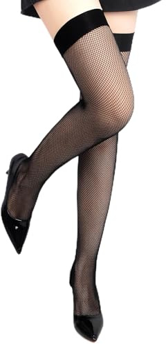 ohyeahlady Women Plus Size Fishnet Stockings Anti-roll Small Mesh Thigh High Hold Up Stockings,Box Package,Black Size L-2XL