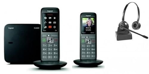 Cleyver - 2 x Téléphones sans Fil CL660, Technologie DECT avec Base, Écran Couleur + Casque Cleyver ODHW15, sans Fil Duo, Noir
