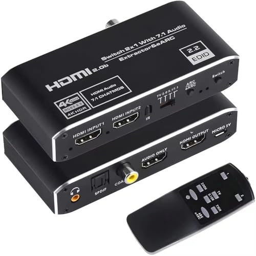 Commutateur HDMI 2 x 1 avec extracteur audio, 4K 120 Hz, HDMI 2.0b, 7.1CH EARC, télécommande
