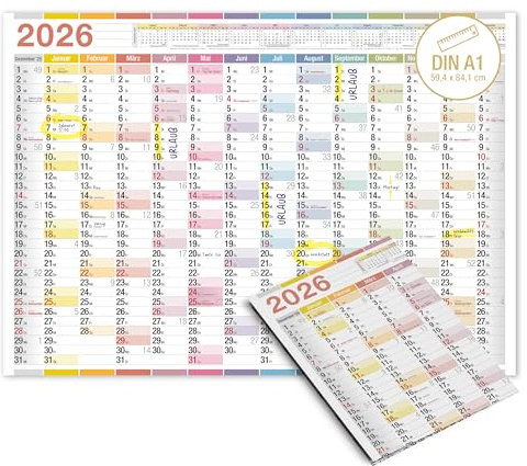 TOBJA A1 Wandkalender 2026 XXL Bunter Jahresplaner für Büro & Homeoffice 14 Monate Großformat 59x84 cm Kalender 2026 Wandkalender DIN A1 mit extra viel Platz für Termine & Notizen