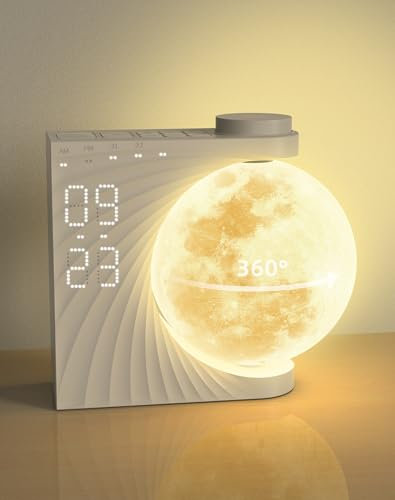 INSSISAIN Lampe de Lune avec Réveil Lumineux mit Alarme,Eveil Lumière LED Radio,Réveil et Machine Sonore avec Lumière de Lune Veilleuse,Fonction Snooze,10 Nature Sound,8 Couleurs (Rotation-White)