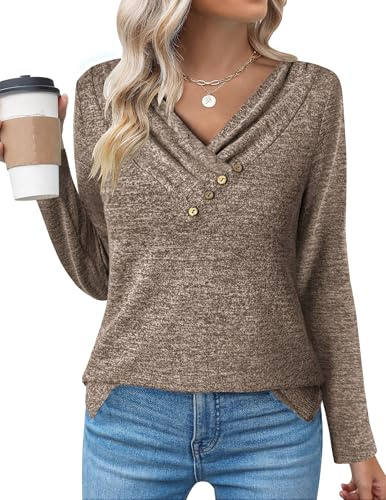 ZEAGOO Långärmad tröja damer, V-ringad topp, elegant långärmad skjorta, enfärgad långtröja, lös t-shirt, tunika, Beige, XXL